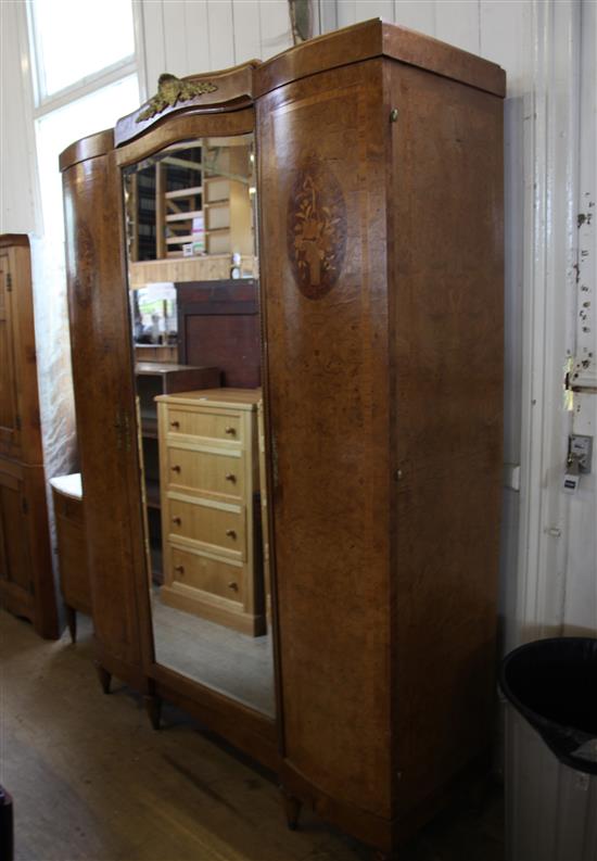 Walnut inlaid armoire with mirrored door & marble top bedside table